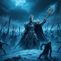 A powerful Lich King commanding an army of thousands of undead warriors