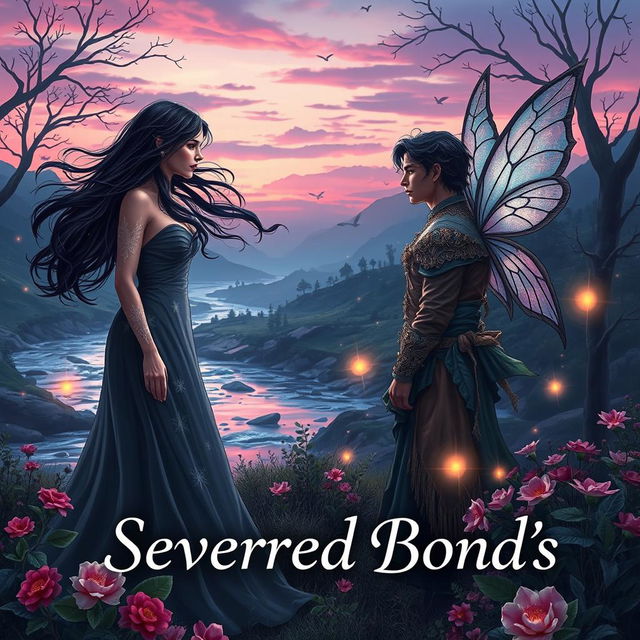 A captivating book cover for a romantic fantasy novel titled 'Severed Bond's', featuring a mystical landscape