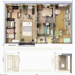 A precise blueprint of a three-bedroom set, denoting the size of each room and showing the entry point into the set.