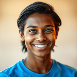 A stunning portrait featuring a person with dark hair, warm brown skin, wearing a vibrant blue shirt