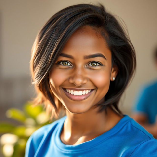 A stunning portrait featuring a person with dark hair, warm brown skin, wearing a vibrant blue shirt