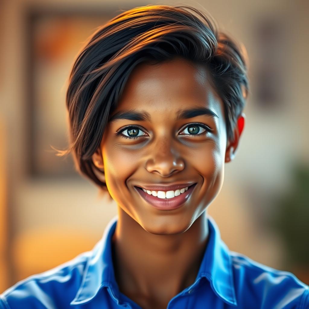 A stunning portrait featuring a person with dark hair, warm brown skin, wearing a vibrant blue shirt