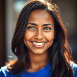 A stunning portrait featuring a person with dark hair, warm brown skin, wearing a vibrant blue shirt