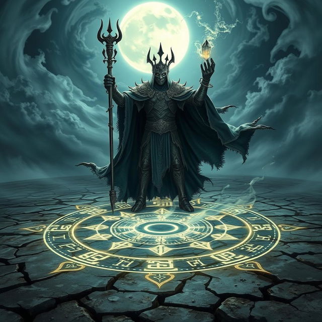 A formidable Lich King performing a dark magic ritual, surrounded by an eerie atmosphere