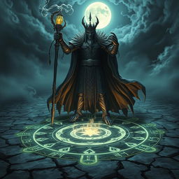 A formidable Lich King performing a dark magic ritual, surrounded by an eerie atmosphere