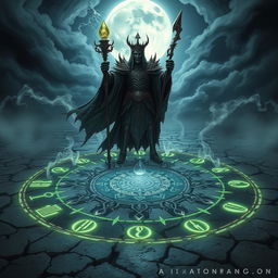 A formidable Lich King performing a dark magic ritual, surrounded by an eerie atmosphere