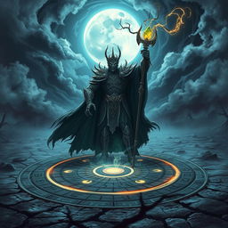 A formidable Lich King performing a dark magic ritual, surrounded by an eerie atmosphere