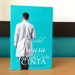 A novel cover for 'Awas Jatuh Cinta' by Yusi Kurniati, featuring a vibrant turquoise color scheme