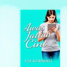 A novel cover for 'Awas Jatuh Cinta' by Yusi Kurniati, featuring a vibrant turquoise color scheme