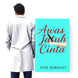 A novel cover for 'Awas Jatuh Cinta' by Yusi Kurniati, featuring a vibrant turquoise color scheme