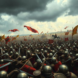 An epic battle scene depicting a large army with thousands of soldiers engaged in a fierce conflict