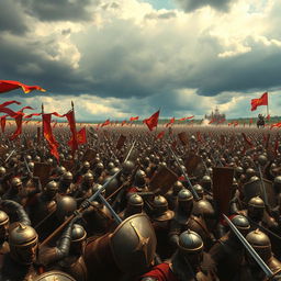 An epic battle scene depicting a large army with thousands of soldiers engaged in a fierce conflict