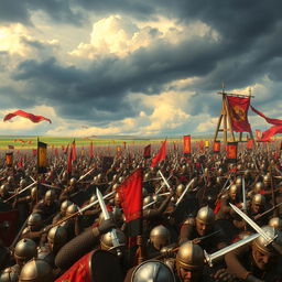 An epic battle scene depicting a large army with thousands of soldiers engaged in a fierce conflict