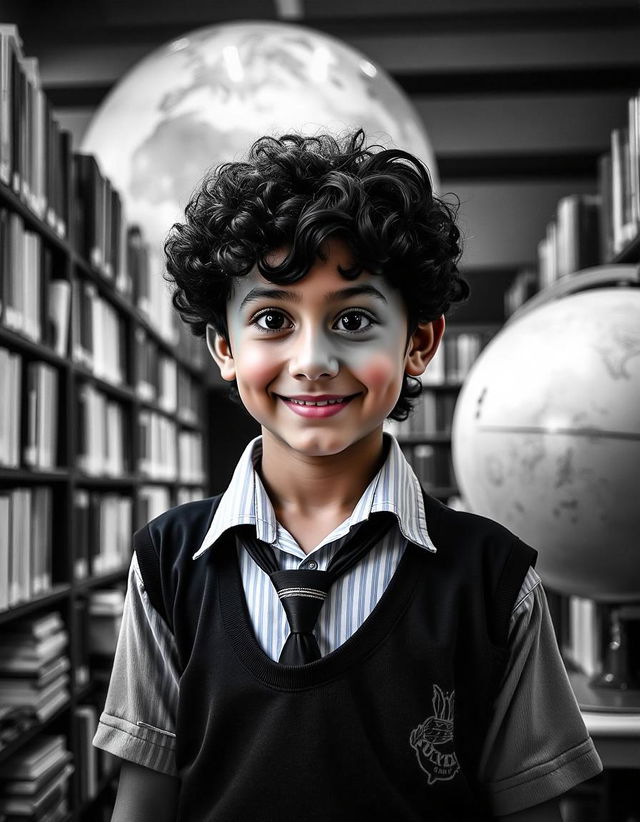 A 12-year-old boy walking alone on a deserted street at night, wearing a school uniform