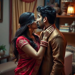 A sensual and intimate portrait of an Indian couple sharing a passionate kiss in a cozy setting