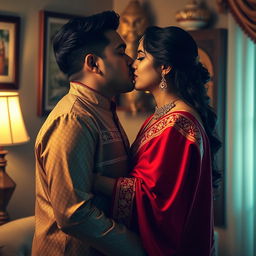 A sensual and intimate portrait of an Indian couple sharing a passionate kiss in a cozy setting
