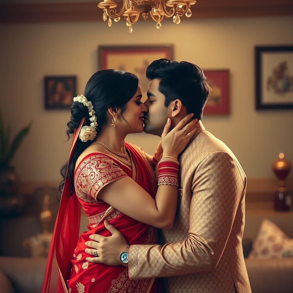 A sensual and intimate portrait of an Indian couple sharing a passionate kiss in a cozy setting