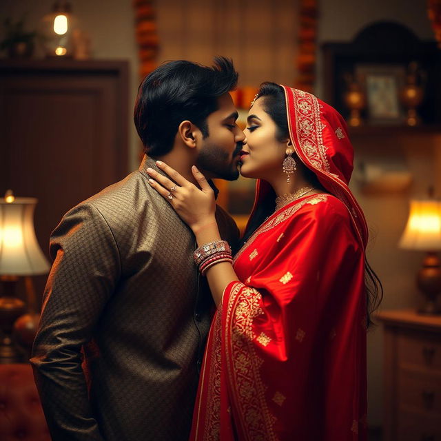 A sensual and intimate portrait of an Indian couple sharing a passionate kiss in a cozy setting