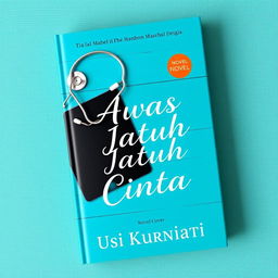 A novel cover for 'Awas Jatuh Cinta' by Yusi Kurniati, with a vibrant turquoise color scheme