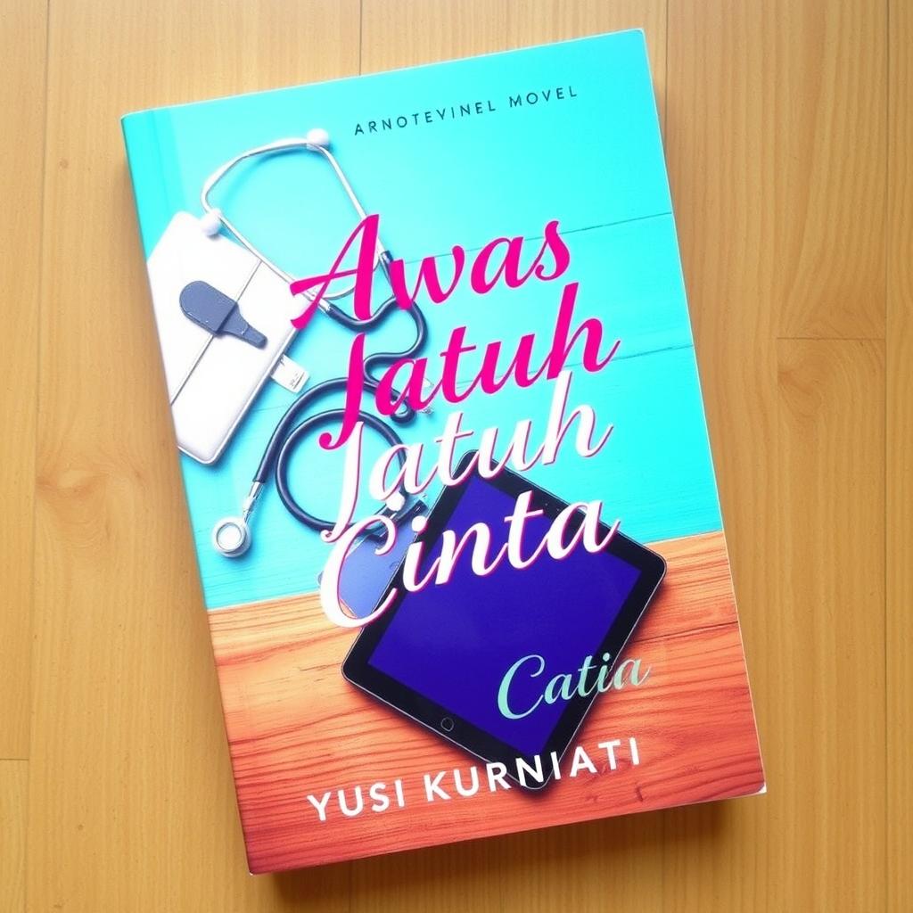 A novel cover for 'Awas Jatuh Cinta' by Yusi Kurniati, with a vibrant turquoise color scheme