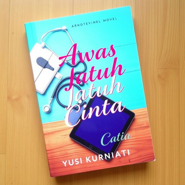 A novel cover for 'Awas Jatuh Cinta' by Yusi Kurniati, with a vibrant turquoise color scheme