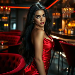 A captivating and alluring adult woman with long flowing dark hair, dressed in a glamorous red satin dress that hugs her curves, standing confidently in a dimly lit luxurious lounge