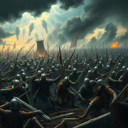 A large-scale battle scene featuring thousands of soldiers and undead warriors clashing in an epic confrontation