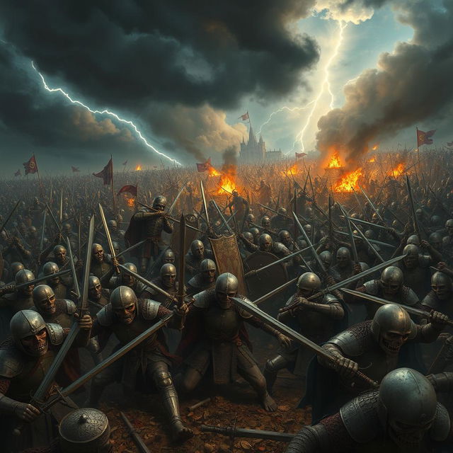 A large-scale battle scene featuring thousands of soldiers and undead warriors clashing in an epic confrontation