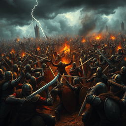 A large-scale battle scene featuring thousands of soldiers and undead warriors clashing in an epic confrontation