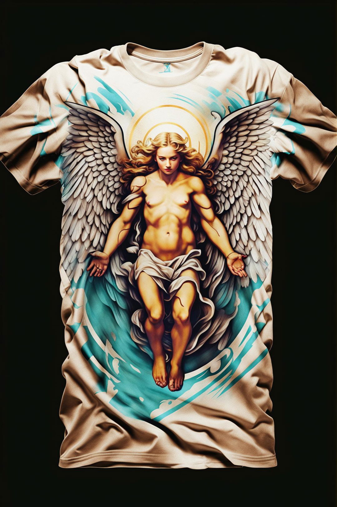 A high-quality graphic tee design featuring a detailed depiction of an angel, combining traditional religious art and modern graphic design