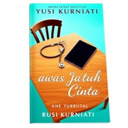 A realistic novel cover for 'Awas Jatuh Cinta' by Yusi Kurniati, featuring a vibrant turquoise color scheme
