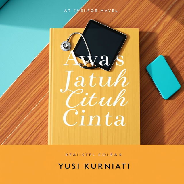 A realistic novel cover for 'Awas Jatuh Cinta' by Yusi Kurniati, featuring a vibrant turquoise color scheme