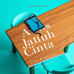 A realistic novel cover for 'Awas Jatuh Cinta' by Yusi Kurniati, featuring a vibrant turquoise color scheme