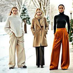 Three fashion models showcasing loose-fitting winter trousers in an elegant winter setting, each model presenting a distinct style