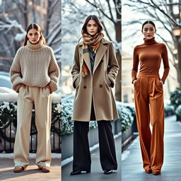 Three fashion models showcasing loose-fitting winter trousers in an elegant winter setting, each model presenting a distinct style