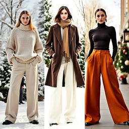 Three fashion models showcasing loose-fitting winter trousers in an elegant winter setting, each model presenting a distinct style