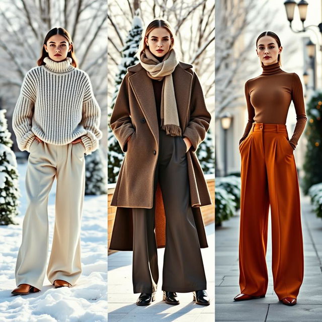 Three fashion models showcasing loose-fitting winter trousers in an elegant winter setting, each model presenting a distinct style