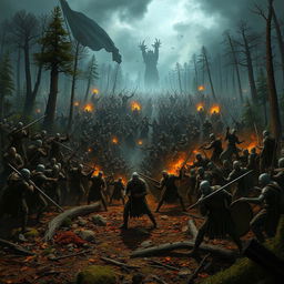 A massive battle scene depicting thousands of human and undead soldiers clashing in a dense forest