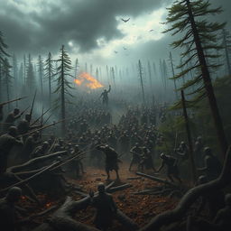 A massive battle scene depicting thousands of human and undead soldiers clashing in a dense forest