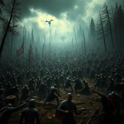 A massive battle scene depicting thousands of human and undead soldiers clashing in a dense forest