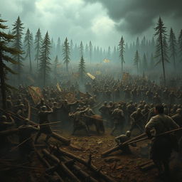 A massive battle scene depicting thousands of human and undead soldiers clashing in a dense forest