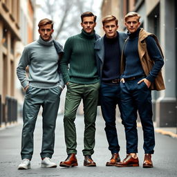 Three male models standing together, showcasing a stylish winter fashion look