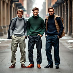 Three male models standing together, showcasing a stylish winter fashion look