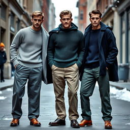Three male models standing together, showcasing a stylish winter fashion look