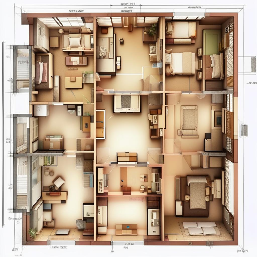 A precise blueprint of a three-bedroom set, denoting the size of each room and showing the entry point into the set.