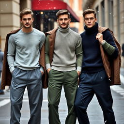 Three male models standing together, showcasing a stylish winter fashion look