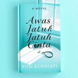 A novel cover for 'Awas Jatuh Cinta' by Yusi Kurniati, featuring a vibrant turquoise color scheme