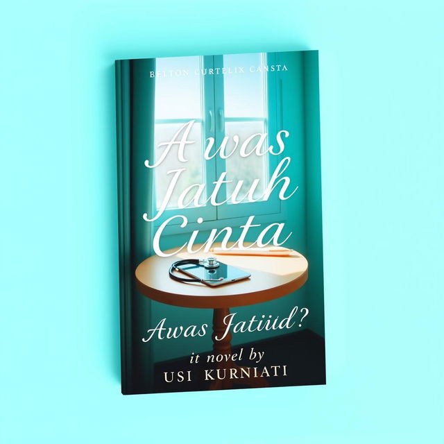 A novel cover for 'Awas Jatuh Cinta' by Yusi Kurniati, featuring a vibrant turquoise color scheme