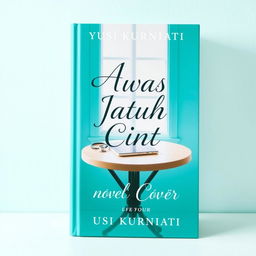 A novel cover for 'Awas Jatuh Cinta' by Yusi Kurniati, featuring a vibrant turquoise color scheme