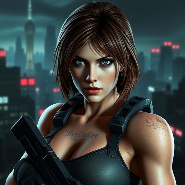 A strong and confident depiction of Jill Valentine from Resident Evil 3, showcasing her iconic look with her tactical attire